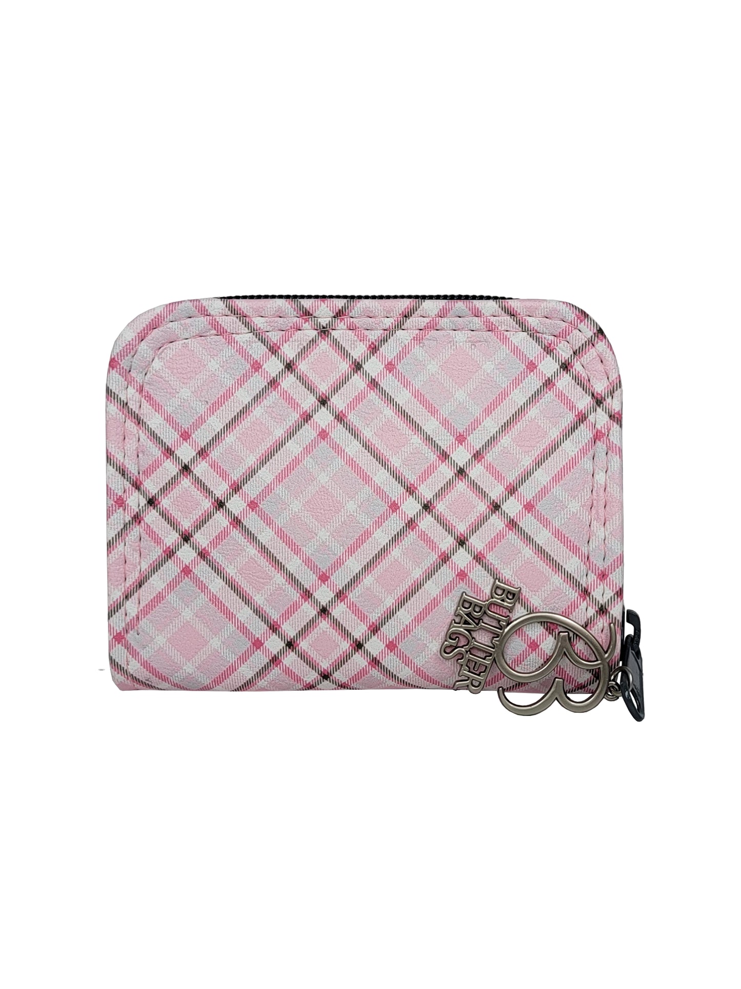 Pink & Grey Plaid Mini Zip Around Wallet