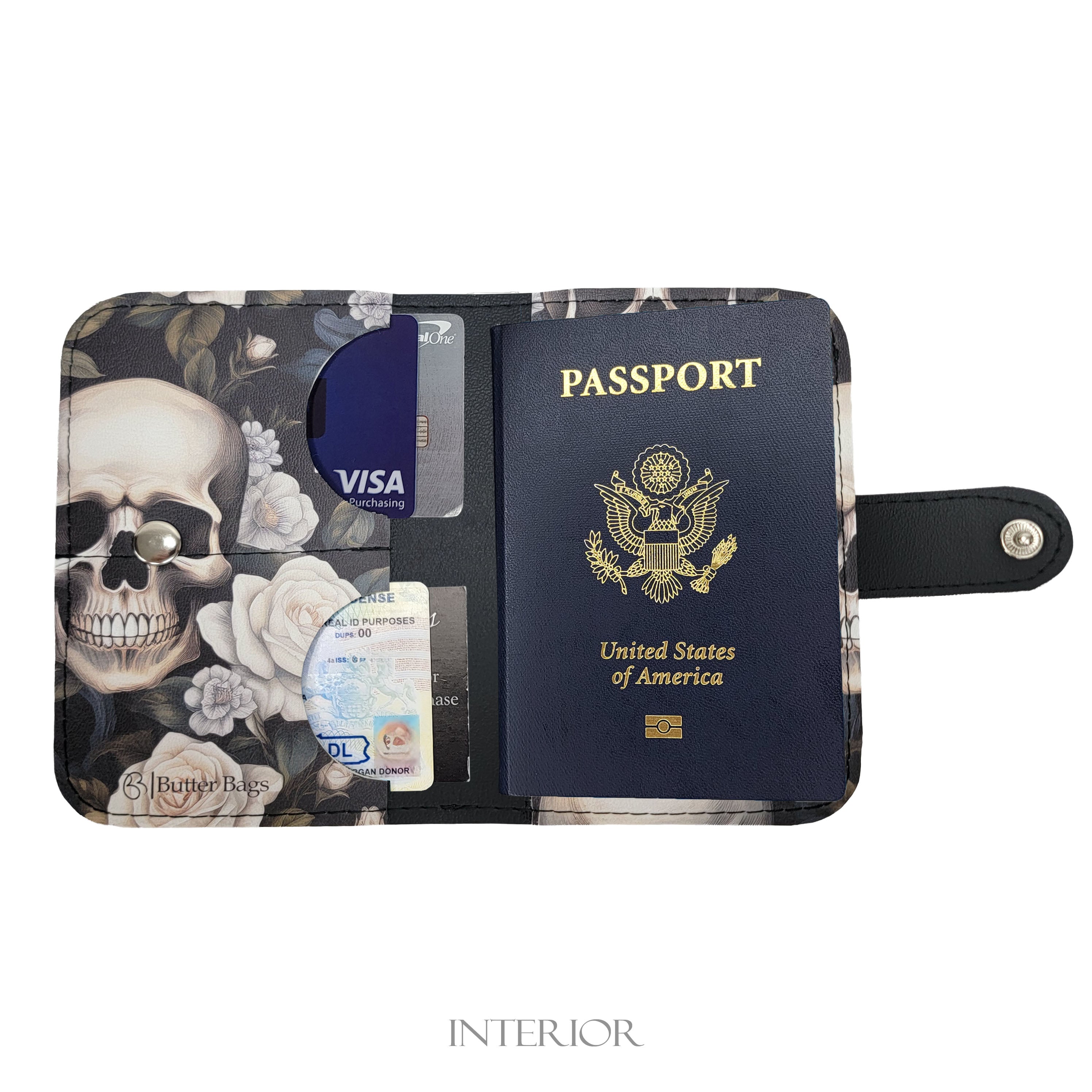 Passport Holder- Skulls & White Roses
